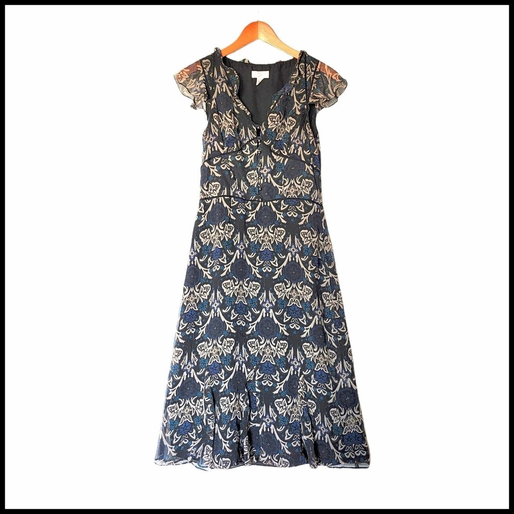 Ann Taylor Loft Flowy Vintage‎ Style Midi V-Neck Ruffle size 6 Blue Floral